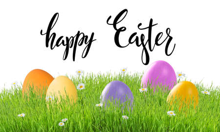 Easter painted eggs in grass and hand lettering text isolated on white background