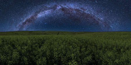 Beautiful night landscape with yellow rapeseed field and Milky way in skyの写真素材