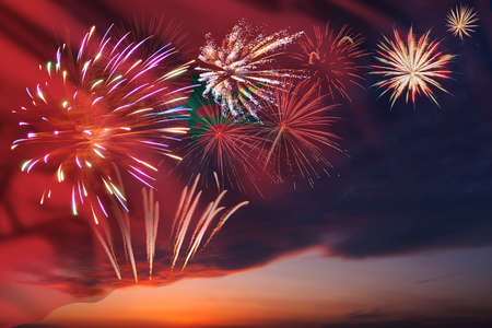Holiday night sky with fireworks and flag of Marocco for Independence dayの写真素材