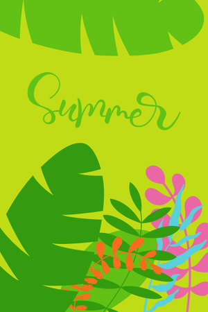 Summer hand lettering modern calligraphy text with tropic leaves for greeting card or banner Vector 10 EPSのイラスト素材
