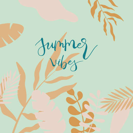 Summer hand lettering modern calligraphy text with leaves for seasonal card or banner Vector 10 EPSのイラスト素材