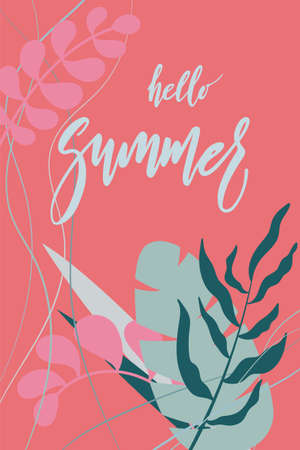Summer hand lettering modern calligraphy text with leaves for greeting card or banner Vector 10 EPSのイラスト素材