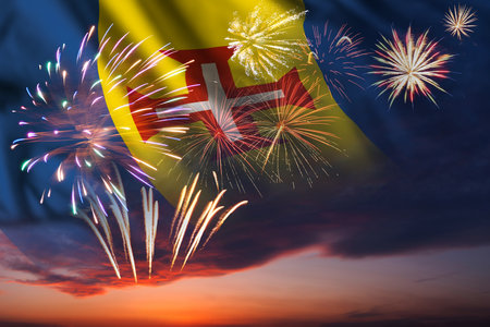 Majestic fireworks in evening skyHoliday night sky with fireworks and flag of Madeira for Independence dayの写真素材