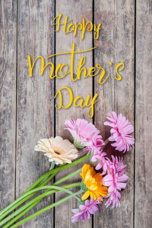 Holiday greetings card with gerbera flowers and hand lettering text Happy Mothers Dayの写真素材