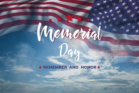 Memorial day card with flag and text USA national day Remember and Honnorの写真素材