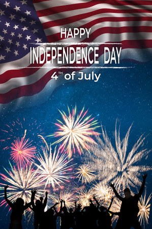 Holiday card with fireworks and flag of America and text Happy Independence Dayの写真素材
