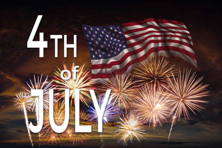 Holiday card with fireworks and flag of America and text Happy Independence Dayの写真素材