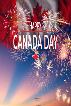 Holiday card with fireworks and flag for Canada Day, independence dayの写真素材