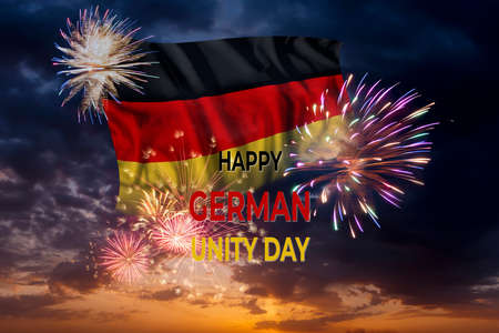 German Unity day background with flag and fireworks, National holiday. Tag Der Deutschen Einheitの写真素材
