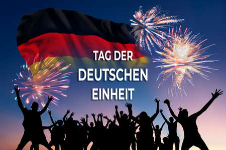Germany Unity day holiday background with flag and fireworks. Tag Der Deutschen Einheitの写真素材