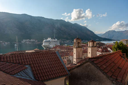 Ancient architecture Kotor town beautiful sea and mountains, Montenegro, traditional Adriatic landscapeの写真素材