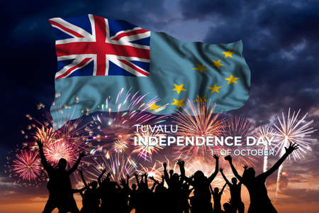 Tuvalu Independence day card with flag and fireworks, National holidayの写真素材