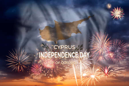 Holiday sky with fireworks and flag of Cyprus, independence dayの写真素材