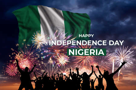 Nigeria independence day background with flag in sky and fireworks, National holiday.の写真素材