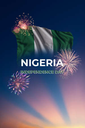 Nigeria independence day background with flag in sky and fireworks, National holiday.の写真素材