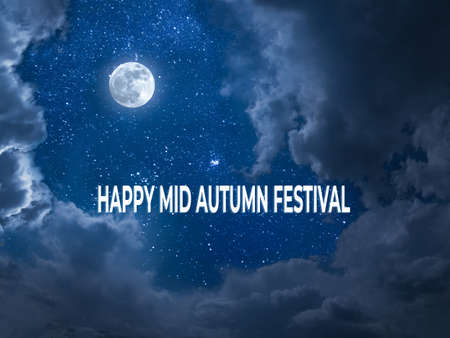 Happy Mid Autumn Festival background with full Moon and night sky with starsの写真素材
