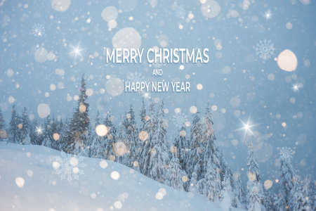 Winter landscape with Merry Christmas lettering text for greetings. Illustration holiday cardの写真素材