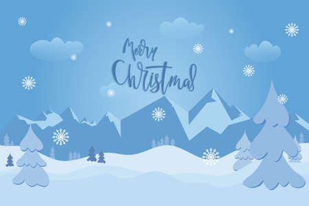 Merry Christmas holiday card with winter landscape and lettering text. Illustrationの写真素材