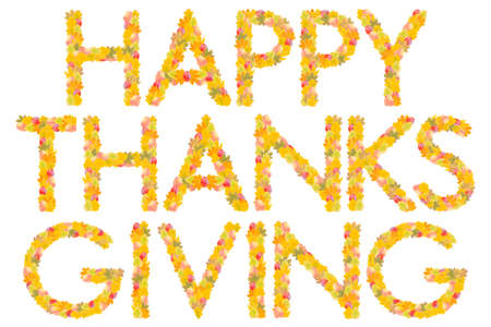 Happy Thanksgiving greeting text from fall leaves isolatedの写真素材
