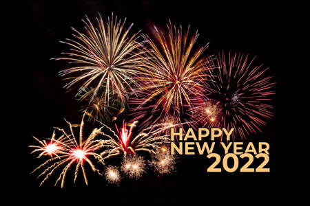 Holiday New Year 2022 greetings card with fireworks and textの写真素材