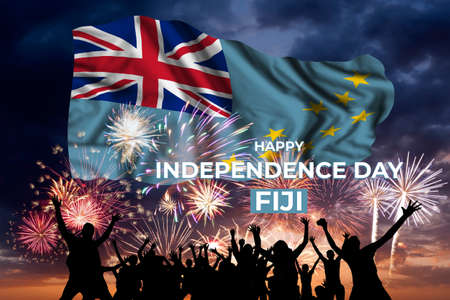 Holiday sky with fireworks and flag of Fiji, independence dayの写真素材
