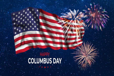 Columbus day greetings card with US flag and text in skyの写真素材