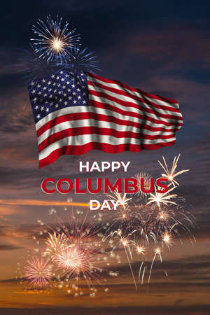 Columbus day greetings card with US flag and text in skyの写真素材
