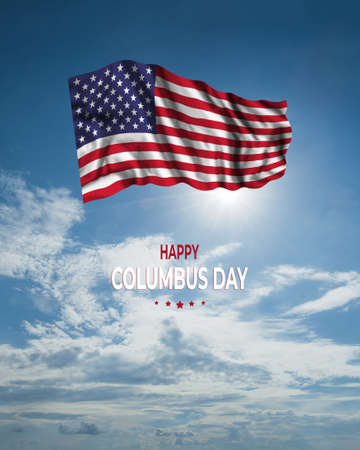 Columbus day card with US flag and text in skyの写真素材