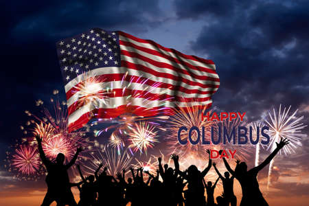 Columbus day greetings card with US flag and text in skyの写真素材