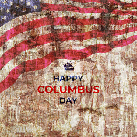 Happy Columbus day card with US flag and text in skyの写真素材