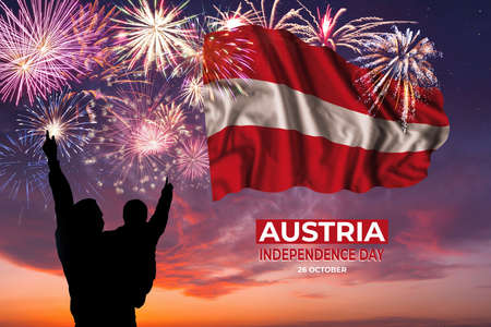 Holiday sky with fireworks and flag of Austria of Independence dayの写真素材
