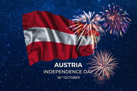 Holiday sky with fireworks and flag of Austria of Independence dayの写真素材