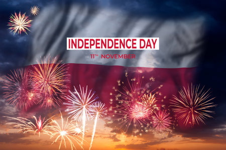 Holiday sky with fireworks and flag of Poland of Independence dayの写真素材
