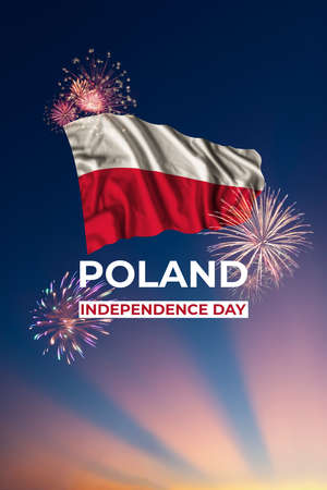 Holiday sky with fireworks and flag of Poland of Independence dayの写真素材