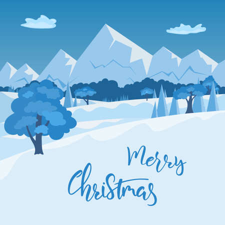 Christmas landscape with winter day in forest and mountains covered white snow and hand lettering text. Illustrationの写真素材