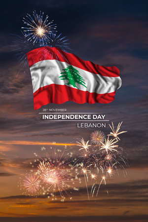 Holiday sky with fireworks and flag of Lebanon of Independence dayの写真素材