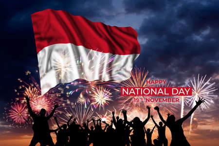 Holiday sky with fireworks and flag of Monaco of National dayの写真素材