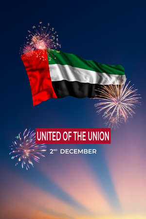 Holiday sky with fireworks and flag of United Arab Emirates of National dayの写真素材