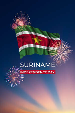 Holiday sky with fireworks and flag of Suriname of Independence dayの写真素材