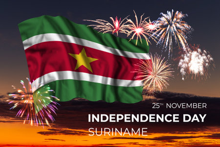 Holiday sky with fireworks and flag of Suriname of Independence dayの写真素材