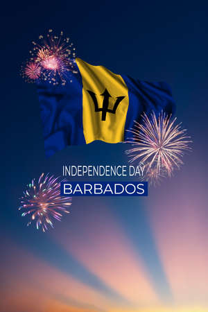 Holiday sky with fireworks and flag of Barbados of Independence dayの写真素材