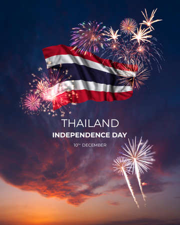 Holiday sky with fireworks and flag of Thailand on Independence dayの写真素材