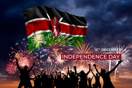 Holiday sky with fireworks and flag of Kenya on Independence dayの写真素材