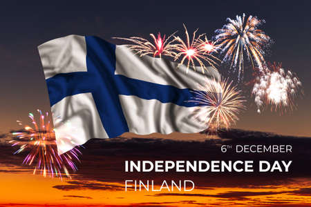 Holiday sky with fireworks and flag of Finland on Independence dayの写真素材