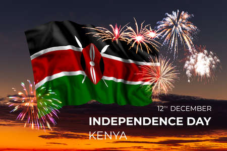 Holiday sky with fireworks and flag of Kenya on Independence dayの写真素材