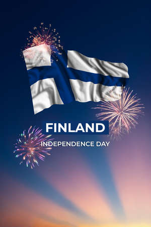 Holiday sky with fireworks and flag of Finland on Independence dayの写真素材