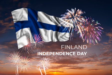 Holiday sky with fireworks and flag of Finland on Independence dayの写真素材