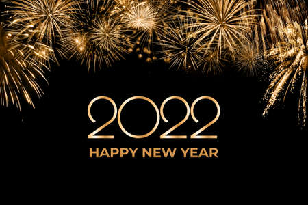 Holiday New Year 2022 greetings card with fireworks and textの写真素材