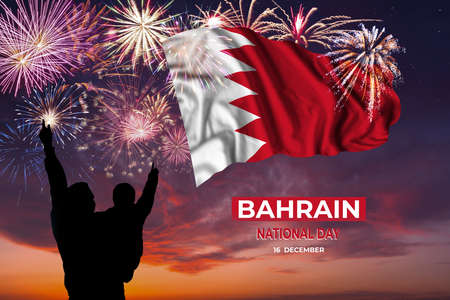 Holiday sky with fireworks and flag of Bahrain on Independence dayの写真素材