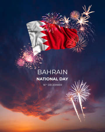 Holiday sky with fireworks and flag of Bahrain on Independence dayの写真素材